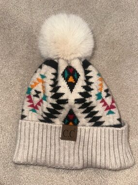 C.C Ivory Pom Beanie with Black Aztec Pattern and Teal, Magenta, Yellow Accents